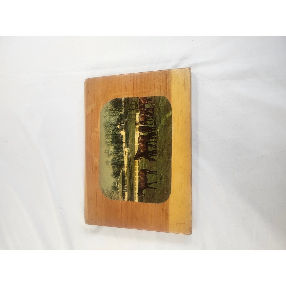 Vintage Wood Plaque Horse Farm Scene Rustic Country Wall Decor Equestrian Art
